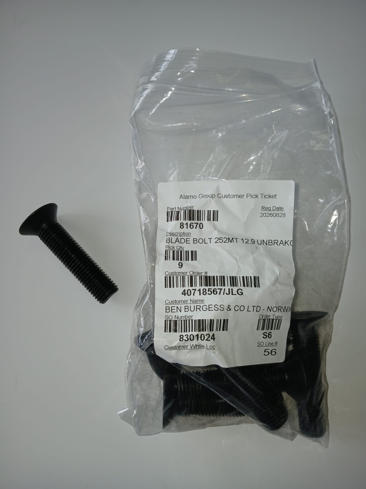 GreenMech BLADE BOLT 252MT 12.9 UNBRAKO ET-81670 replaces part no. 81670 - Image 2