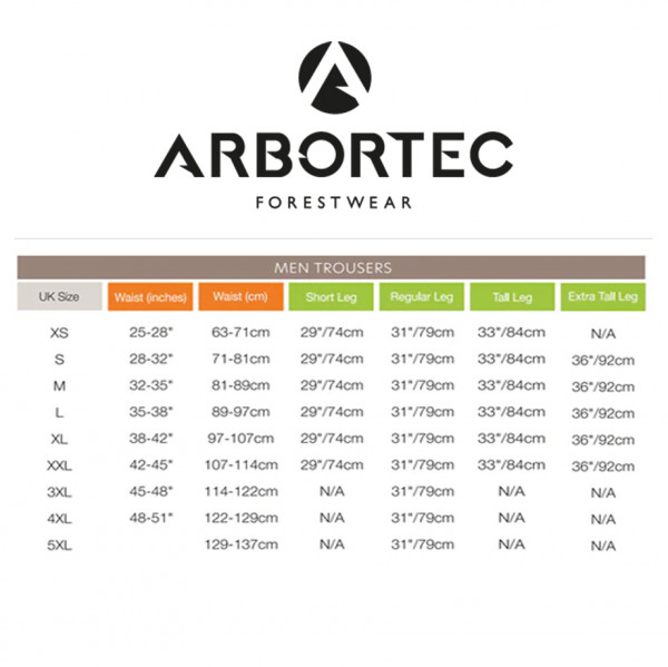 Arbortec Size Guide - Trousers