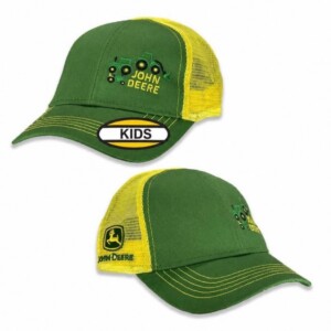 Genuine JOHN DEERE green and yellow mesh cap for kids with stitched tractors